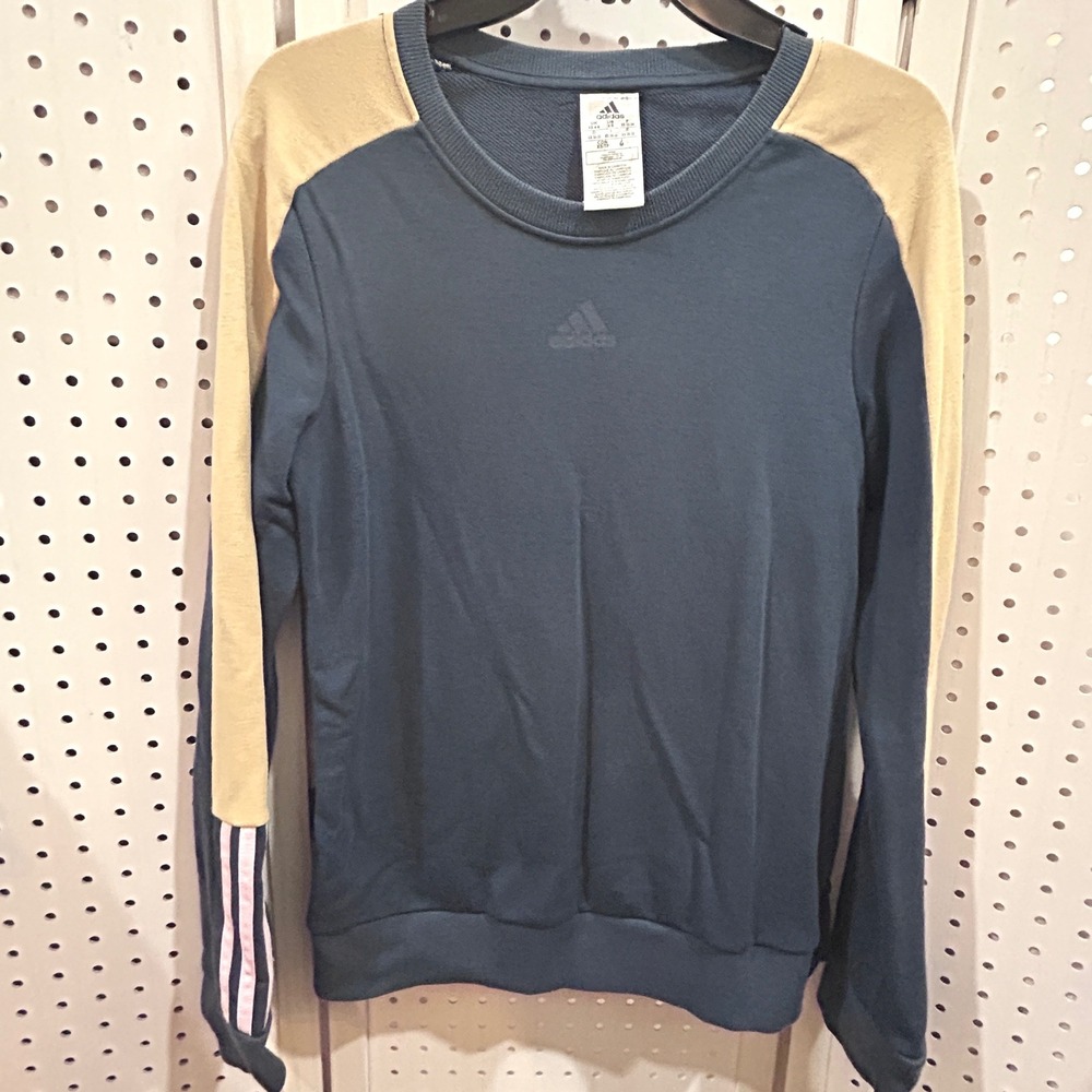Adidas Crewneck Sweatshirt Navy Blue‎ Tan Sleeves 3 Stripe Detail Size XS
